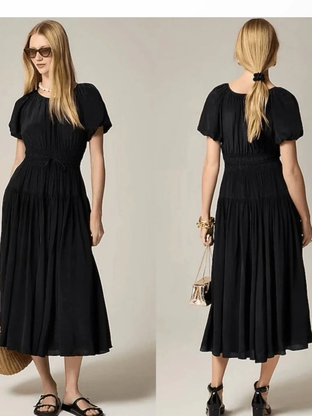 J. Crew Elena Puff-Sleeve Dress Black Crepe de Chine Maxi Sz. M $188 CA679 NEW